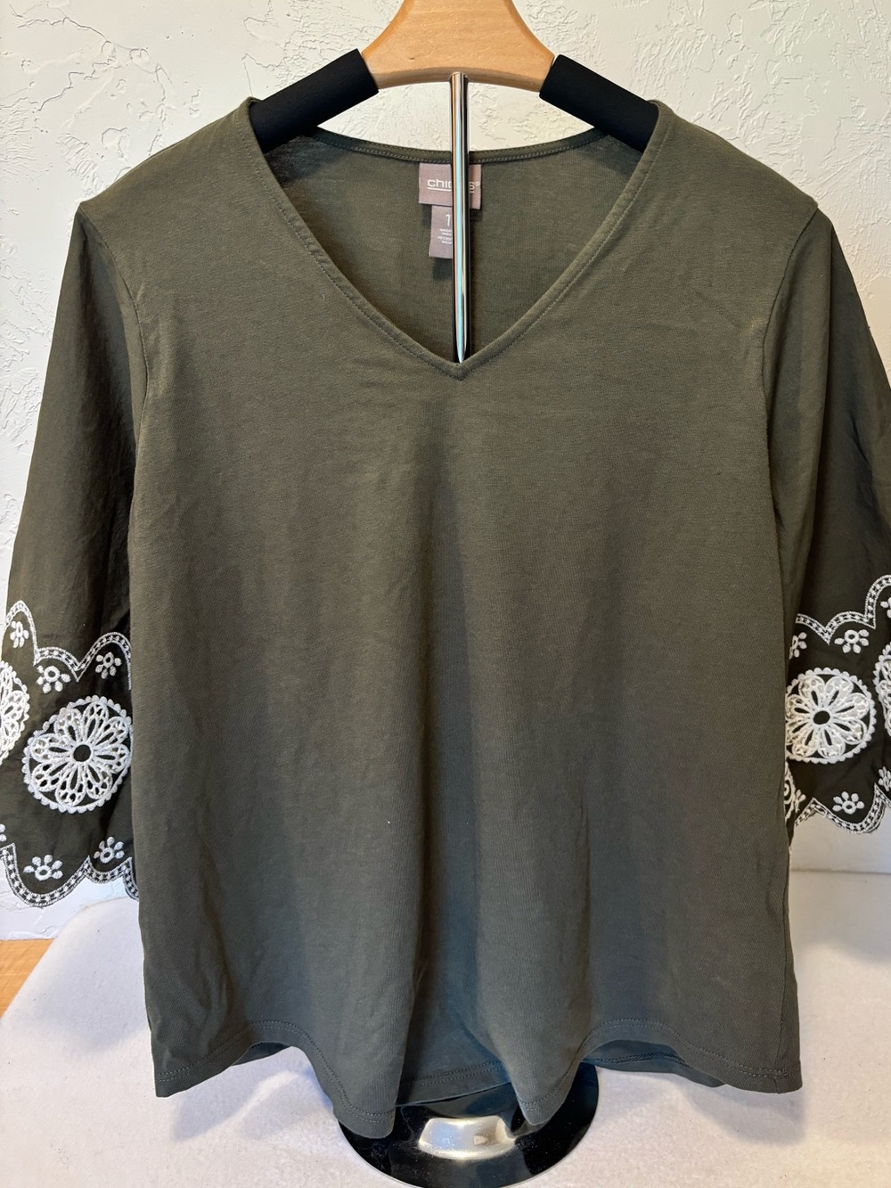 Chico's Olive Green V-Neck Tee with White Embroidered Scallop Sleeves